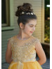 Pearl Beaded Neck Lace Tulle Flower Girl Dress With Horsehair Hem